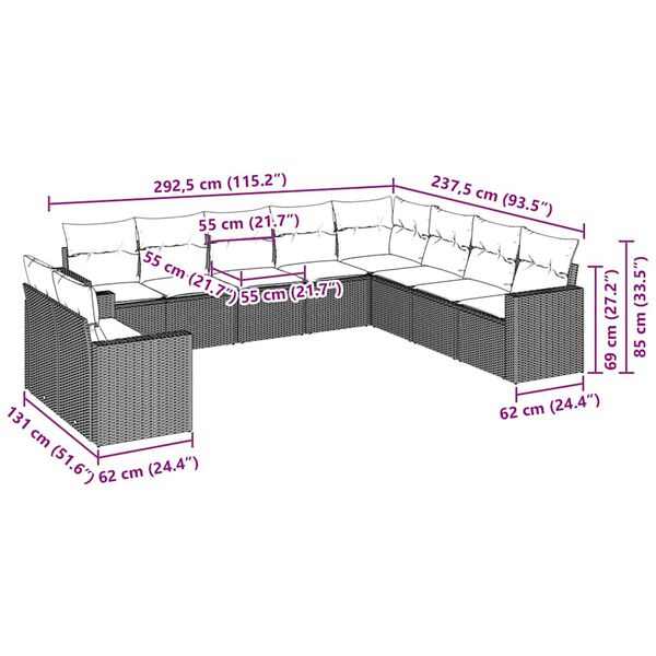 vidaXL sofasæt til haven 10 dele med hynder polyrattan brun