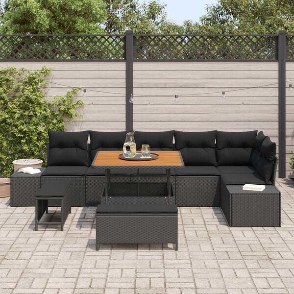 vidaXL Havesofa S&aelig;t med pude 9 pcs Sort polyrattan