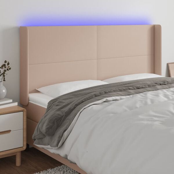 vidaXL sengegavl med LED-lys 203x16x118/128 cm kunstl&aelig;der cappuccino