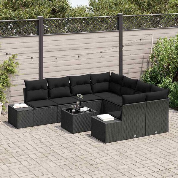 vidaXL Havesofa S&aelig;t med pude med opbevaring 9 pcs Sort polyrattan