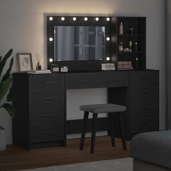 vidaXL Kl&aelig;deskab med spejllys med skuffe 3 pcs Sort eg Konstrueret tr&aelig;