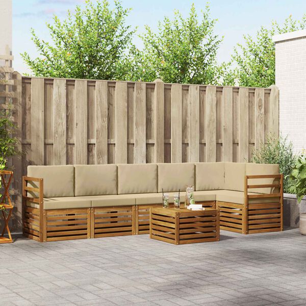 vidaXL Sektionalsofa s&aelig;t 7 pcs Naturlig og Beige Massivt Akacietr&aelig;