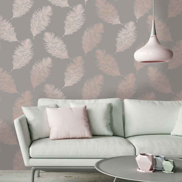 DUTCH WALLCOVERINGS tapet Fawning Feather grå og rosaguld