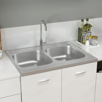 vidaXL køkkenvask med 2 bassiner 800x600x155 mm rustfrit stål sølv