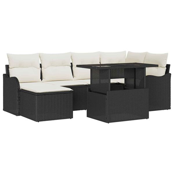 vidaXL Havesofa Sæt med pude 7 pcs Sort Poly rattan