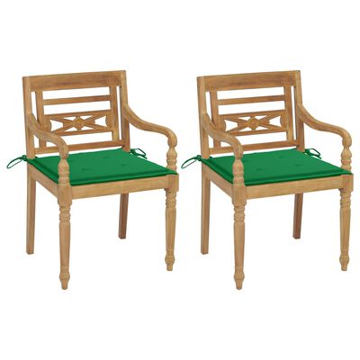 vidaXL Batavia-stole 2 stk. med grønne hynder massivt teaktræ