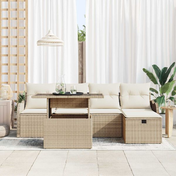 vidaXL Havesofa Sæt med pude med opbevaring 6 pcs Beige Poly rattan