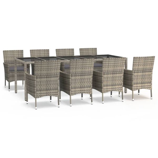 vidaXL spisebordssæt til haven 9 dele med hynder polyrattan grå