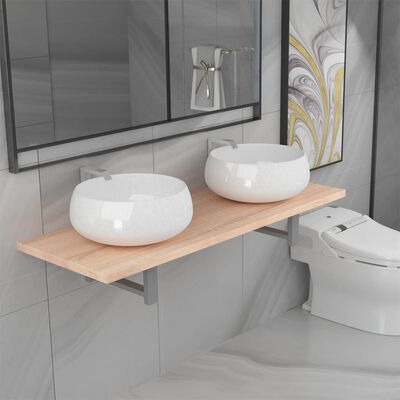 vidaXL keramisk badeværelsesmøbelsæt 3 dele egetræsfarve