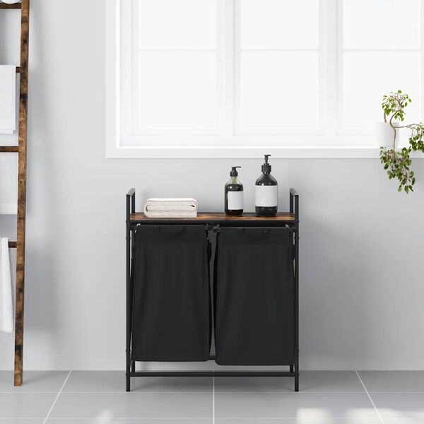 vidaXL vasketøjskurv 2 rum med hylde røget egetræsfarve