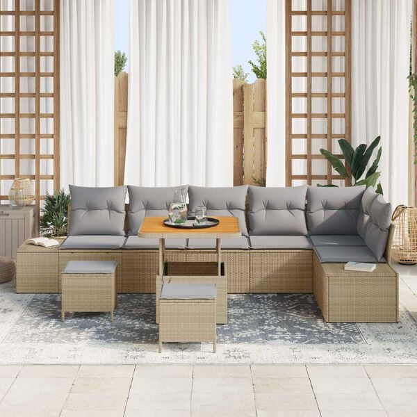 vidaXL Havesofa S&aelig;t med pude 9 pcs Beige polyrattan