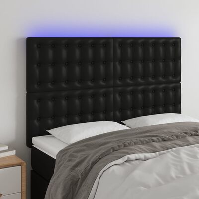 vidaXL sengegavl med LED-lys 144x5x118/128 cm kunstlæder sort