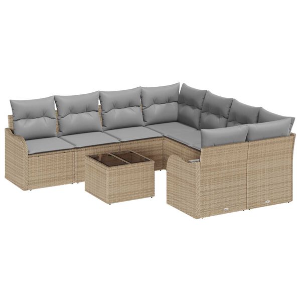 vidaXL Havesofa S&aelig;t 9 pcs Beige og gr&aring; Poly Rattan og St&aring;l og Glas