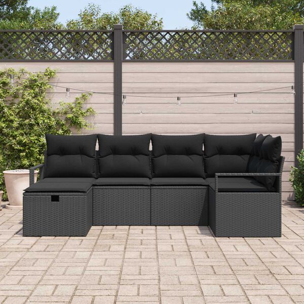 vidaXL Havesofa S&aelig;t med pude med opbevaring 6 pcs Sort polyrattan