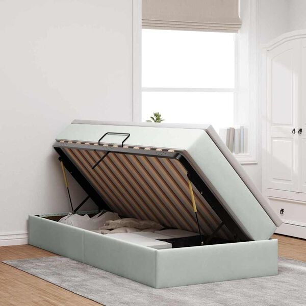 vidaXL Seng med opbevaring og madras Lysegr&aring; 90 x 200 cm Fl&oslash;jl