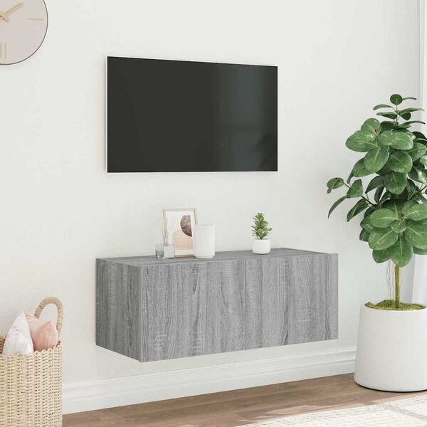 vidaXL væghængt tv-bord m. LED-lys 80x35x31 cm grå sonoma-eg