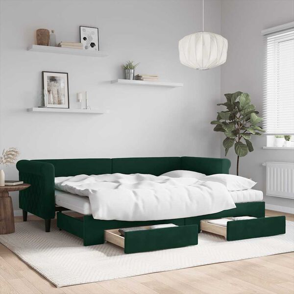 vidaXL daybed med udtr&aelig;k og skuffer 80x200 cm velour m&oslash;rkegr&oslash;n