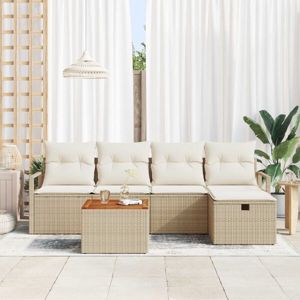 vidaXL Havesofa S&aelig;t med pude med opbevaring 6 pcs Beige Poly rattan