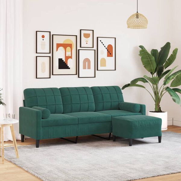 vidaXL 3-personers sofa med fodskammel 180 cm velour Mørkegrøn