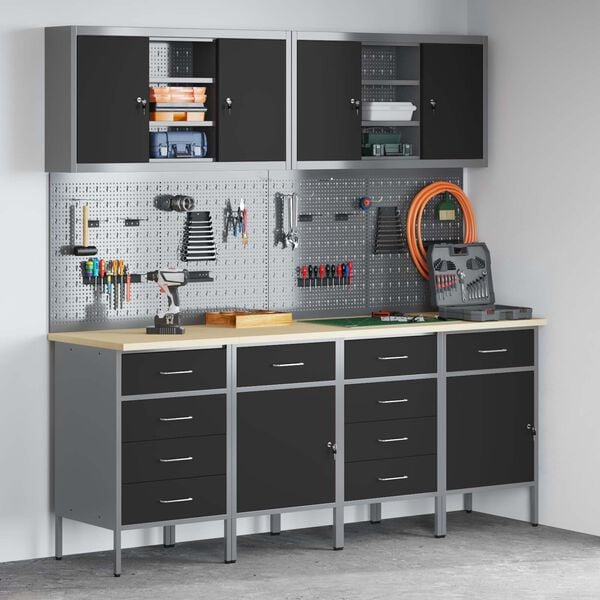vidaXL Arbejdsskab med skuffe med l&aring;s 10 pcs Sort Ingeni&oslash;rtr&aelig; og st&aring;l