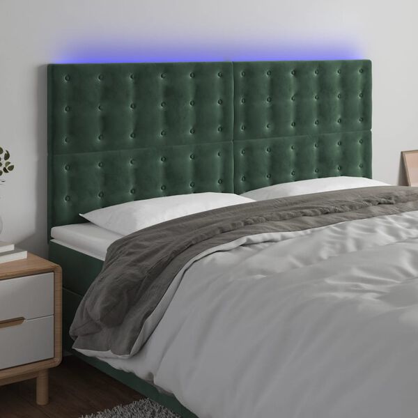 vidaXL sengegavl med LED-lys 160x5x118/128 cm fl&oslash;jl m&oslash;rkegr&oslash;n