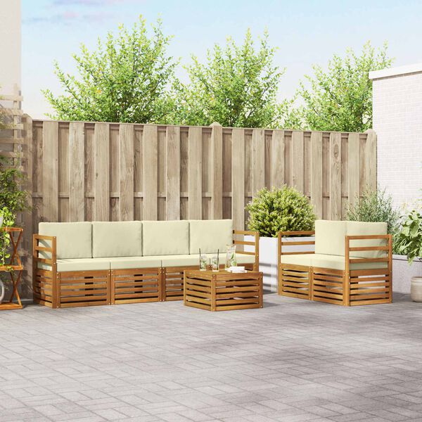 vidaXL Sofas&aelig;t med pude 7 pcs Naturlig og Fl&oslash;de Massivt Akacietr&aelig;