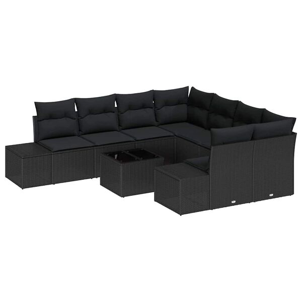 vidaXL Havesofa S&aelig;t med pude 9 pcs Sort polyrattan