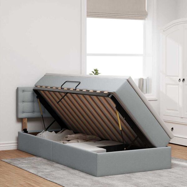 vidaXL Seng med opbevaring og LED med madras Lysegr&aring; 90 x 200 cm Stof