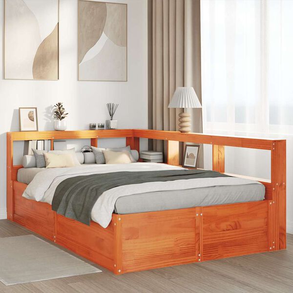 vidaXL seng med reol uden madras 120x200cm massivt fyrretr&aelig; gyldenbrun