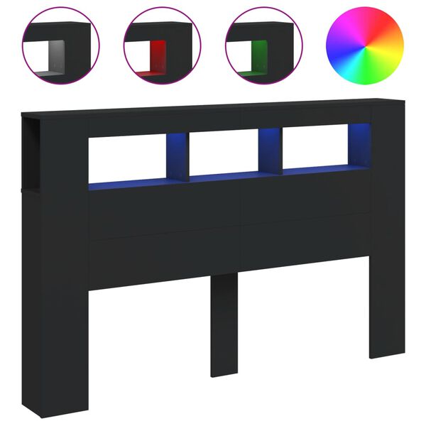 vidaXL sengegavl med LED-lys 160x18,5x103,5 cm konstrueret træ sort