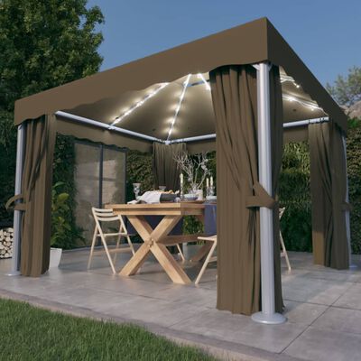 vidaXL pavillon med gardin og LED-lyskæder 3x3 m gråbrun