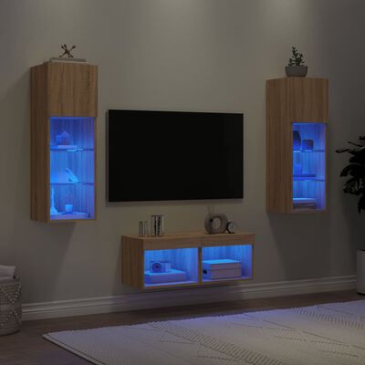 vidaXL tv-møbel til væg med LED-lys 4 dele grå sonoma-eg