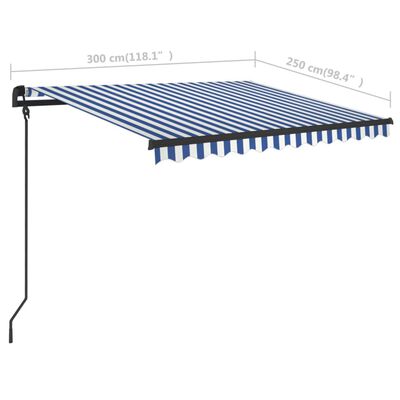 vidaXL markise med stolper 3x2,5 m manuel betjening blå og hvid
