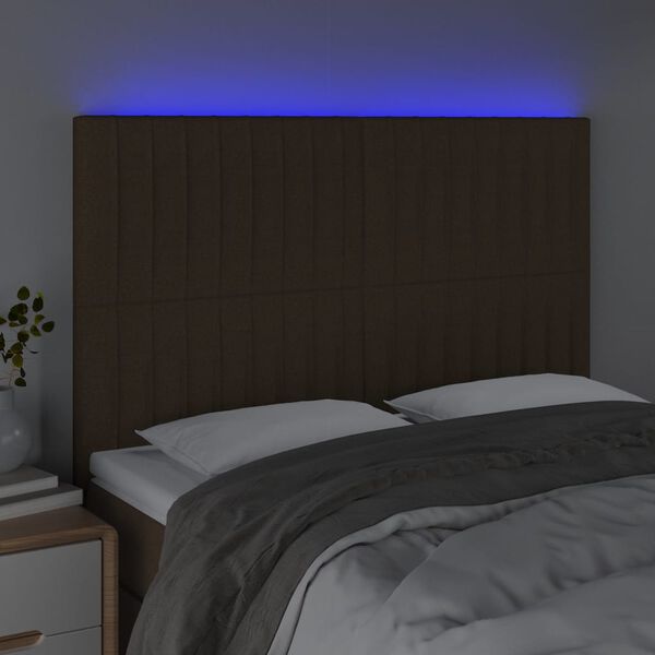 vidaXL sengegavl med LED-lys 144x5x118/128 cm stof m&oslash;rkebrun