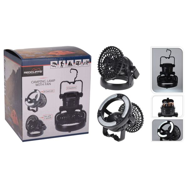 Redcliffs campinglampe med 18 LED'er og ventilator sort
