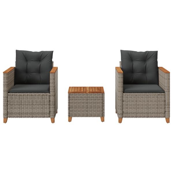 vidaXL bistrosæt 3 dele med hynder polyrattan og akacietræ grå