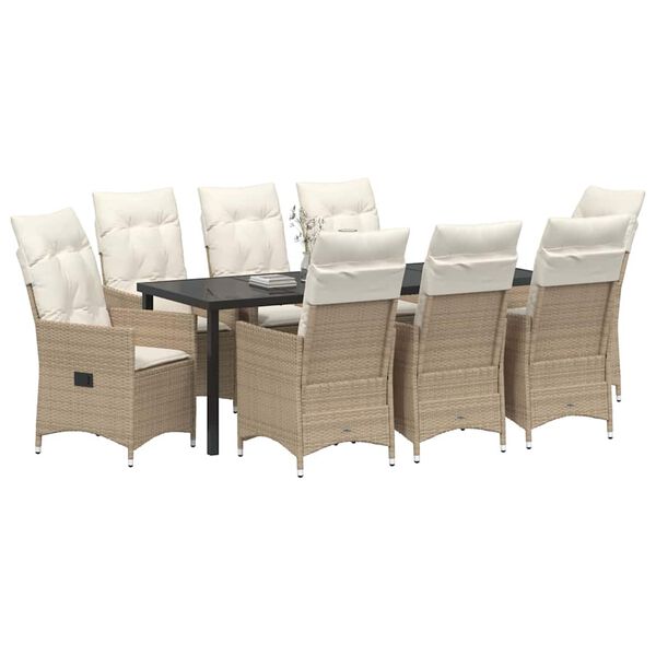 vidaXL Have Spisebordss&aelig;t med pude 9 pcs Beige polyrattan