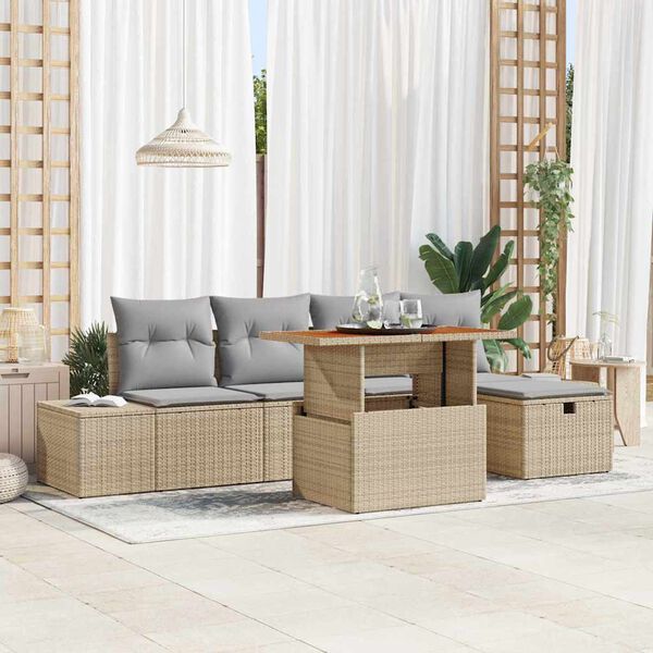 vidaXL Havesofa S&aelig;t med pude med opbevaring 6 pcs Beige polyrattan