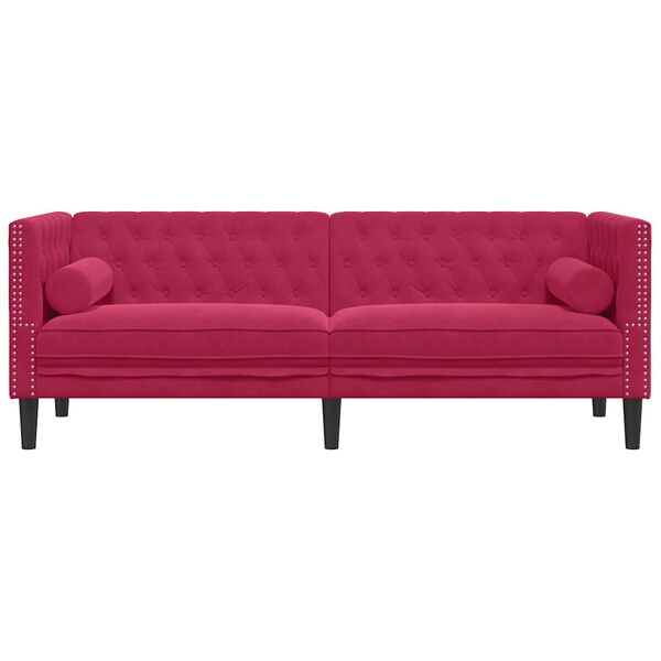 vidaXL 3-personers Chesterfield-sofa med bolsterpuder fl&oslash;jl vinr&oslash;d