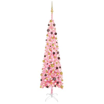 vidaXL smalt juletræ med lys og kuglesæt 210 cm lyserød
