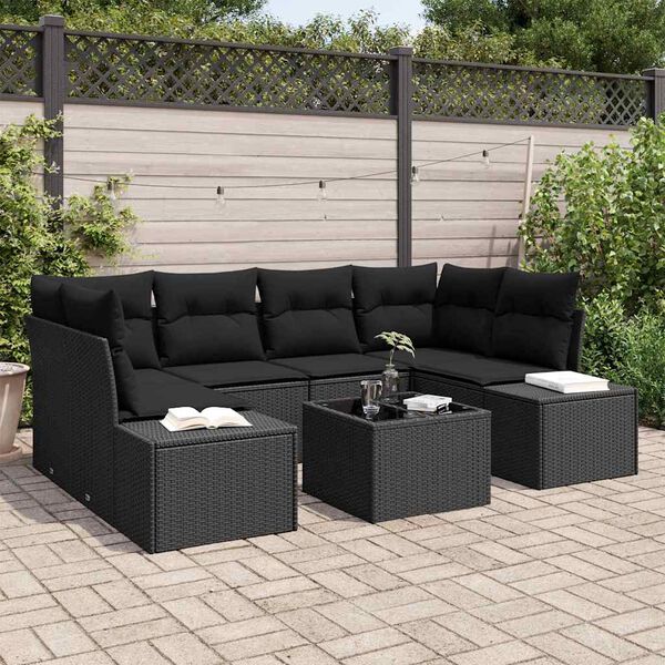 vidaXL Havesofa Sæt med pude 7 pcs Sort polyrattan