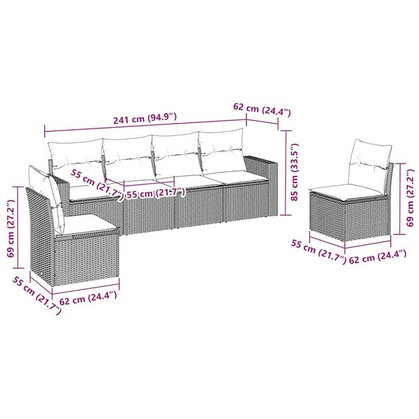 vidaXL sofas&aelig;t til haven 6 dele med hynder polyrattan brun