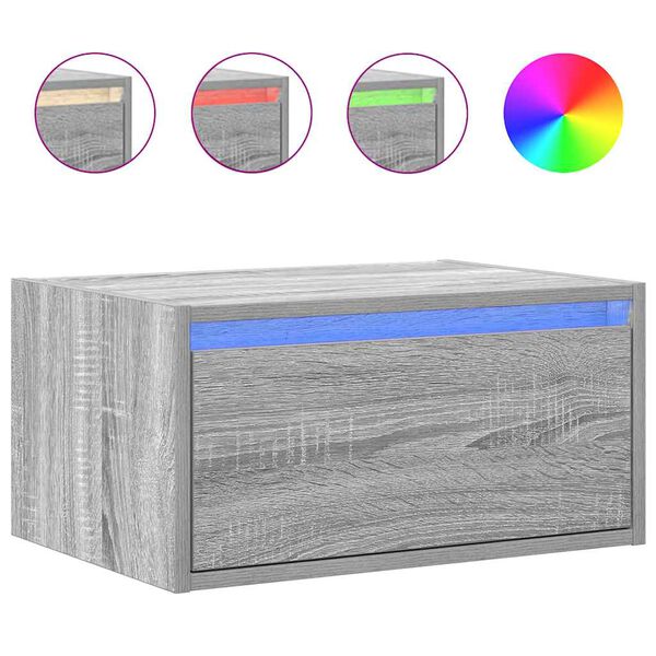 vidaXL væghængt sengebord med LED-lys grå sonoma-eg