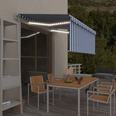 vidaXL markise m. gardin+LED+vindsensor 3x2,5 m automatisk blå og hvid