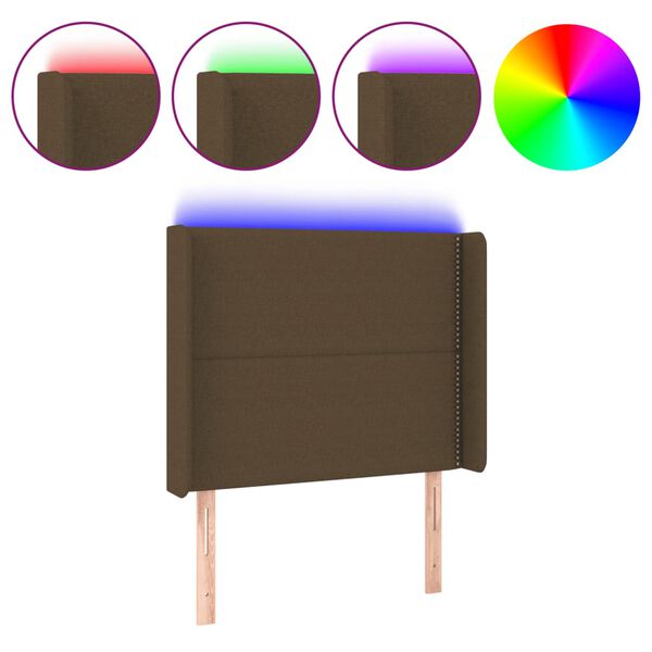 vidaXL sengegavl med LED-lys 103x16x118/128 cm stof m&oslash;rkebrun