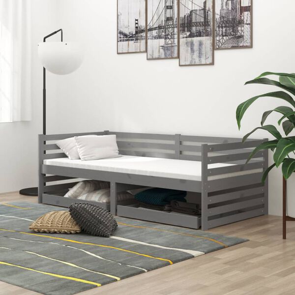 vidaXL daybed med skuffer 90x200 cm massivt fyrretr&aelig; gr&aring;