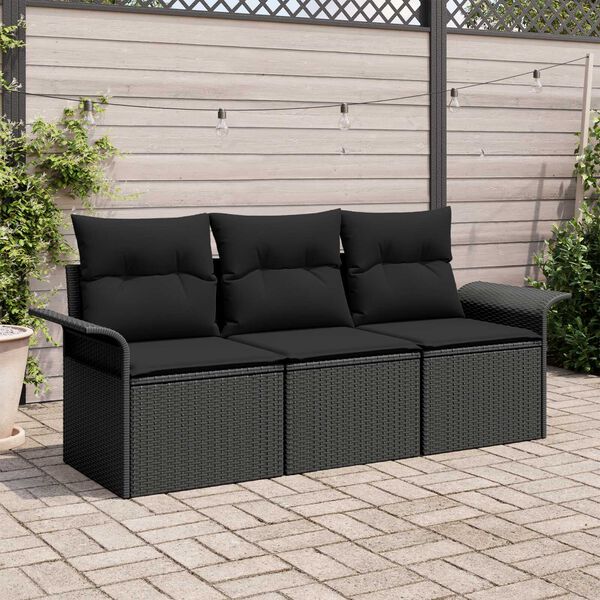 vidaXL Havesofa S&aelig;t med pude med opbevaring 3 pcs Sort Poly rattan