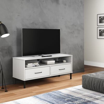 vidaXL tv-bord med metalben OSLO massivt fyrretræ hvid