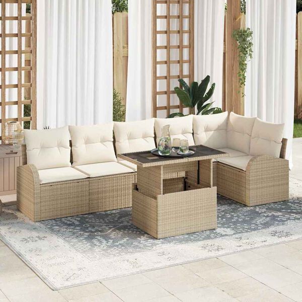 vidaXL Havesofa Sæt med pude med opbevaring 7 pcs Beige Poly rattan