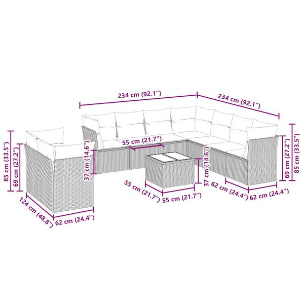 vidaXL sofasæt til haven 10 dele med hynder polyrattan lysegrå